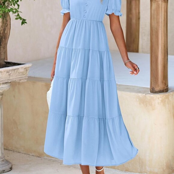 Women's Summer Casual Short Sleeve V Neck Midi Dresses 2025 Spring A-line Tiered - Picture 5 of 8